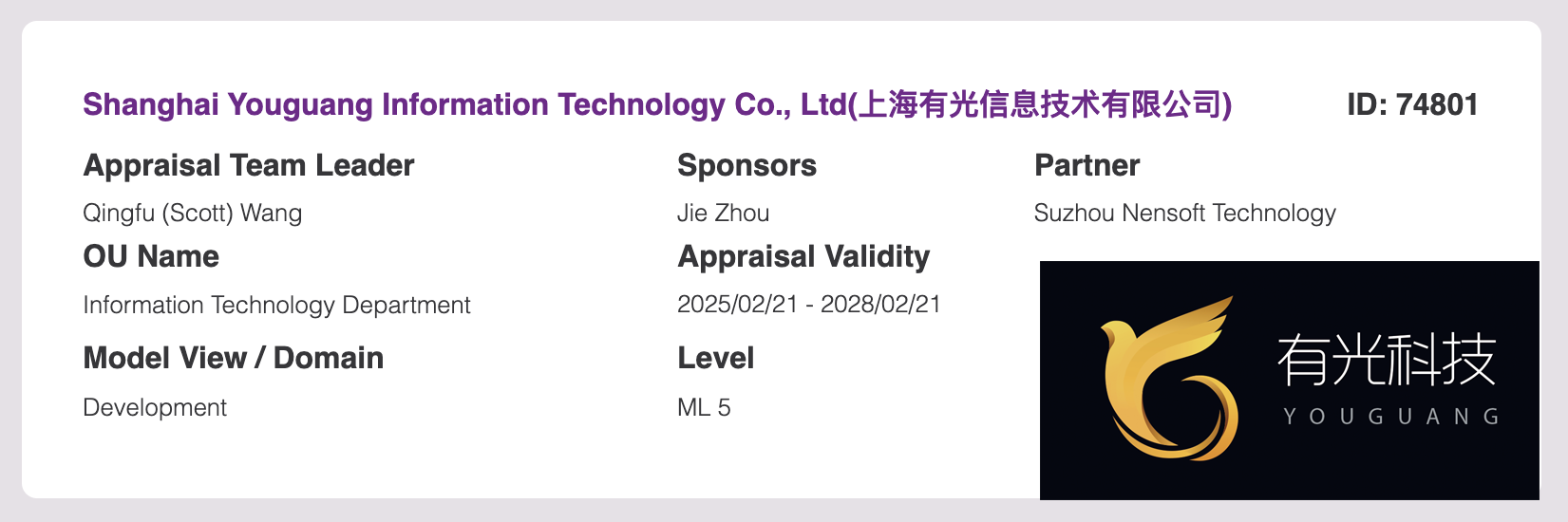 上海有光信息技术荣耀进阶 CMMI5 级认证